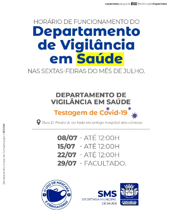 Horários de funcionamento do Departamento de Vigilância Sanitária